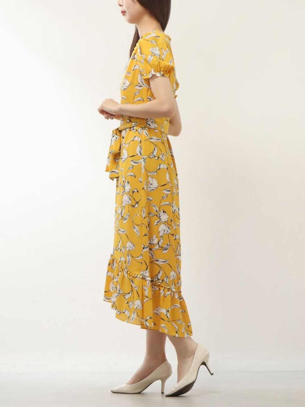 Karl Lagerfeld Paris Floral Midi Dress Mustard Pearl Buttons Size 12